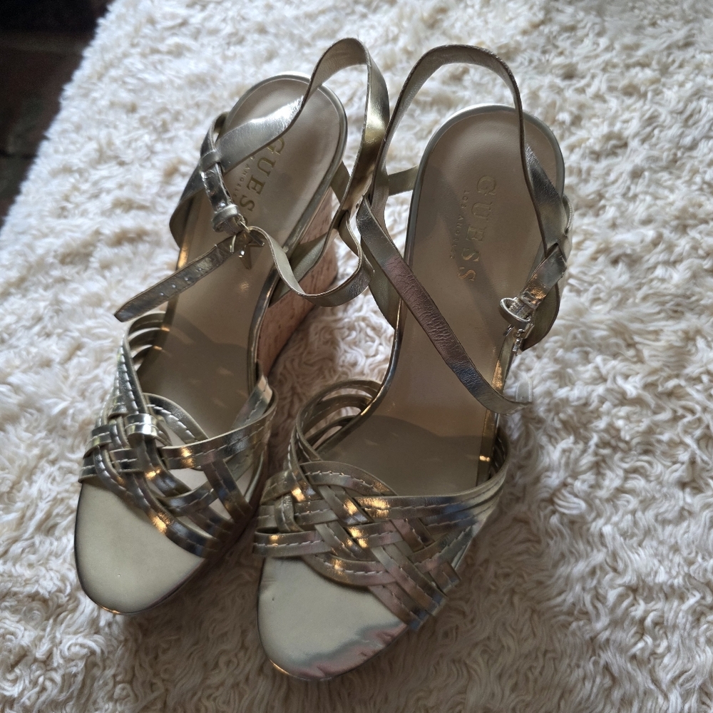 Guess Metallic Gold Woven T-Strap Wedge Sandals - Women SZ 10 M !!!